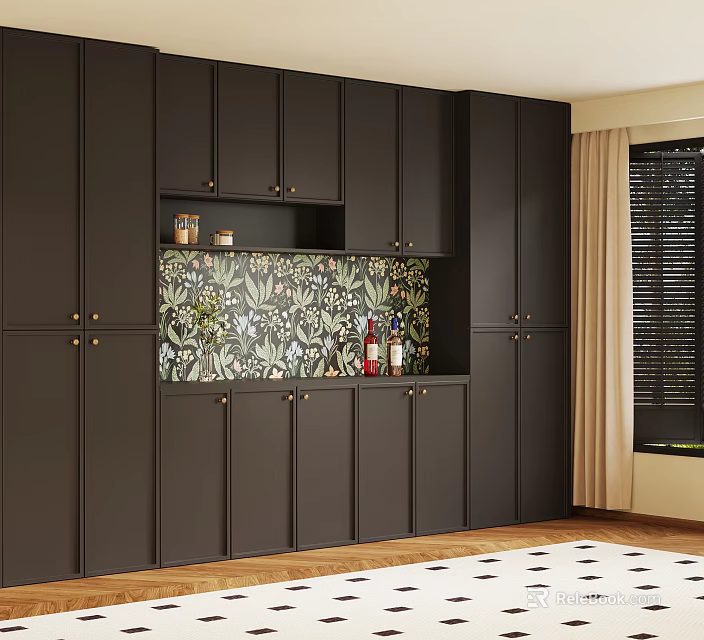 Dark Colored Modern Sideboard With Floral Tile Backsplash And Decorative Items 3d model 