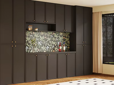 Dark Colored Modern Sideboard With Floral Tile Backsplash And Decorative Items 3d model