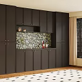 Dark Colored Modern Sideboard With Floral Tile Backsplash And Decorative Items