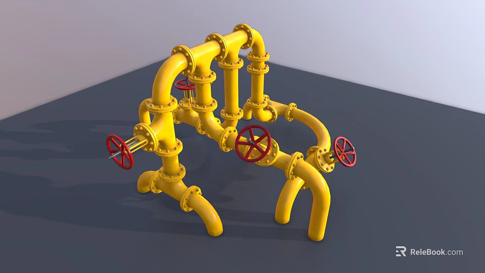Yellow Industrial Pipe System With Multiple Red Valves And Connection Layouts 3d model 