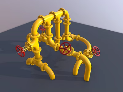 Yellow Industrial Pipe System With Multiple Red Valves And Connection Layouts 3d model