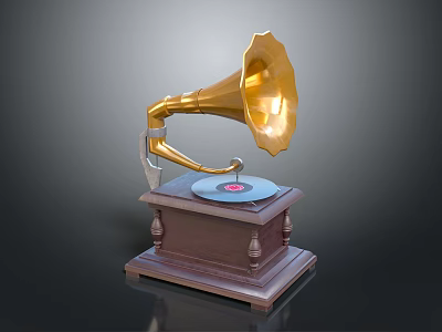 Vintage Gramophone Design With Golden Horn Turntable And Wooden Base 3d model