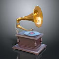 Vintage Gramophone Design With Golden Horn Turntable And Wooden Base