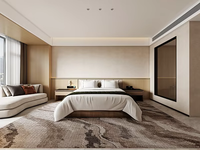 Modern Hotel Room Interior With King Size Bed White Bedding Sofa Window And Area Rug 3d model