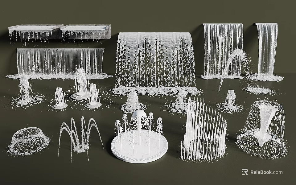 Various Decorative Water Fountain Designs With Different Spray Patterns And Structures 3d model 
