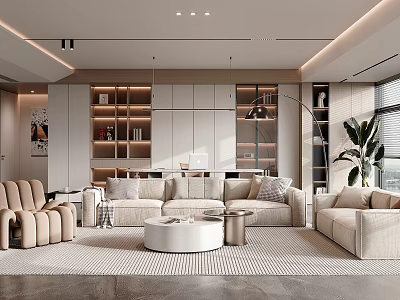 Modern Living Room Interior With Beige Sofas Round Coffee Table Floor Lamp And Potted Plant 3d model
