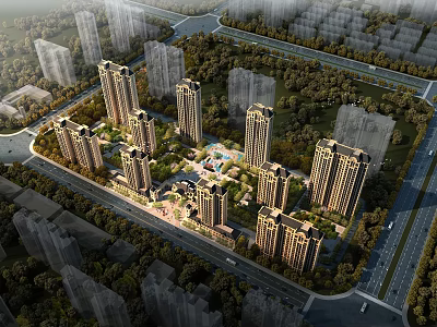 Aerial Planning of Residential Community With Tall Buildings Greenery and Roads 3d model