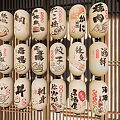 Traditional Japanese Style Lanterns With Japanese Characters And Patterns Hanging On Bamboo Screen