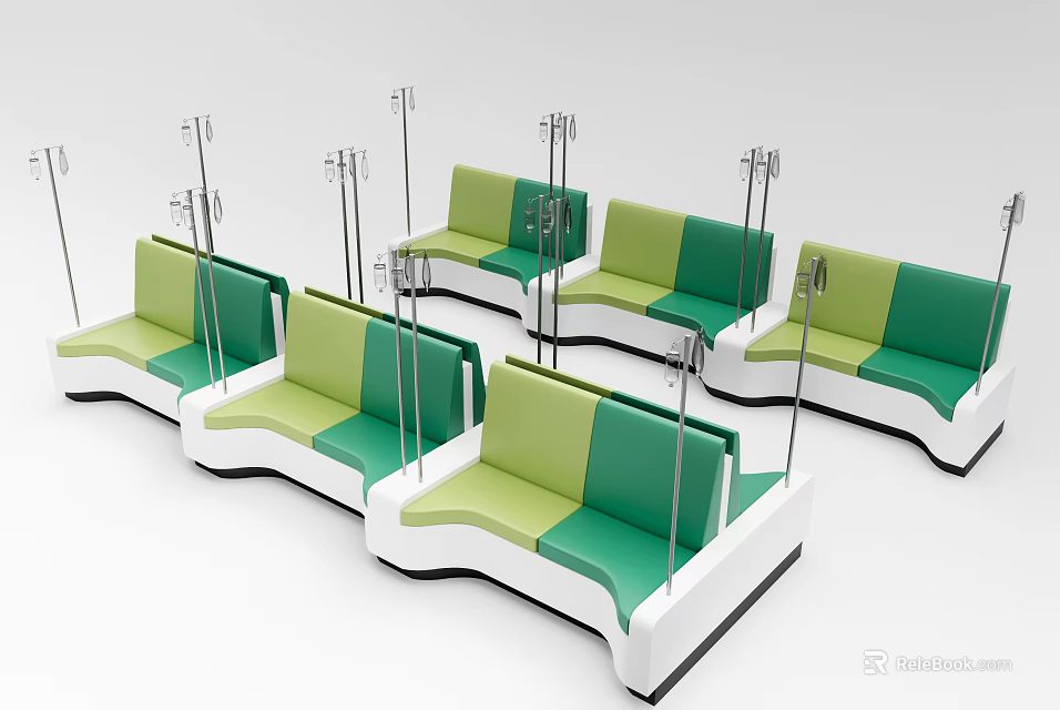 Public Chairs With Green Yellow Upholstered Seats And IV Stands For Waiting Area 3d model 
