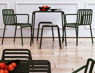 Green Slat Design Dining Set With Black Table Chairs Stools And Fruit Bowl On Wooden Floor 3d model
