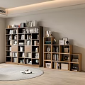 Modern Living Room Bookcase with Books Decorations Photo Frames Round Rug and Floor Lamp
