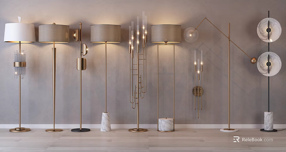 Elegant Modern Interior Lighting Combinations With Floor Lamps Glass Shades And Brass Bases 3d model 