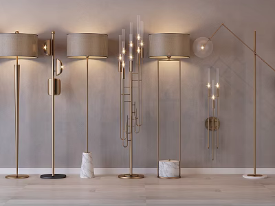 Elegant Modern Interior Lighting Combinations With Floor Lamps Glass Shades And Brass Bases 3d model