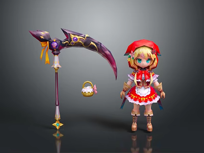 Red Hooded Game Movie Character with Blonde Hair Blue Eyes Red Dress and Large Scythe 3d model
