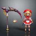 Red Hooded Game Movie Character with Blonde Hair Blue Eyes Red Dress and Large Scythe