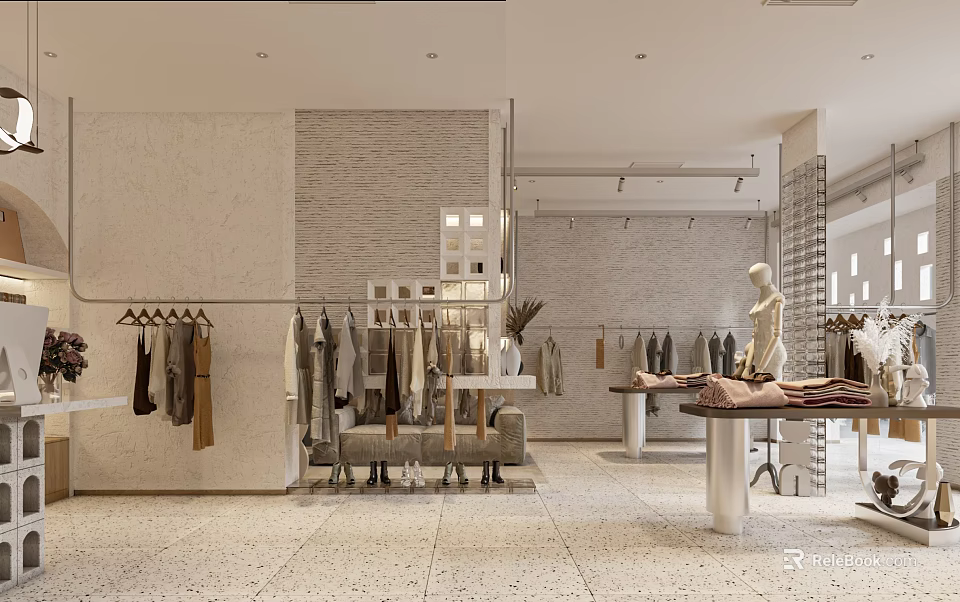 Modern Clothing Store Interior Design Featuring Apparel Racks Mannequins Seating Bench And Display Tables 3d model 