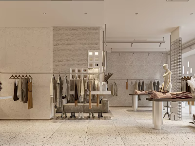 Modern Clothing Store Interior Design Featuring Apparel Racks Mannequins Seating Bench And Display Tables 3d model