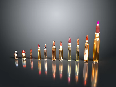 Different Sizes And Colors Bullets Arranged On Black Background With Reflections 3d model