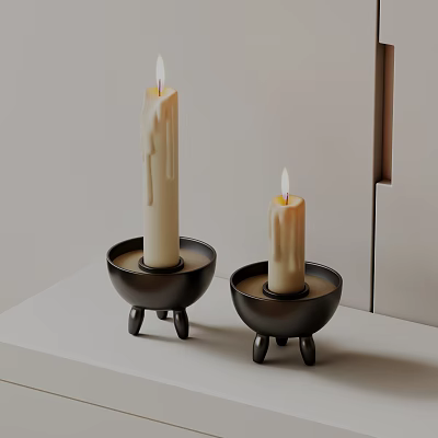 Modern Minimalist Candle Holders with Black Tripod Base and White Candles on White Table 3d model