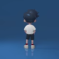 Man with black hair wearing white WE t-shirt black shorts white sneakers in blue background