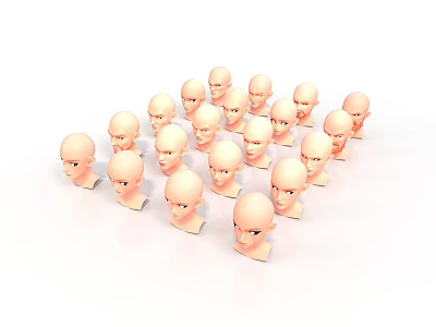 Multiple Pink Mannequin Head Models Arranged In Cluster On White Background 3d model
