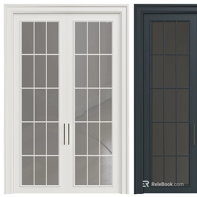 White And Dark Framed Modern Double Doors With Glass Grid Panels For Home Design 3d model 