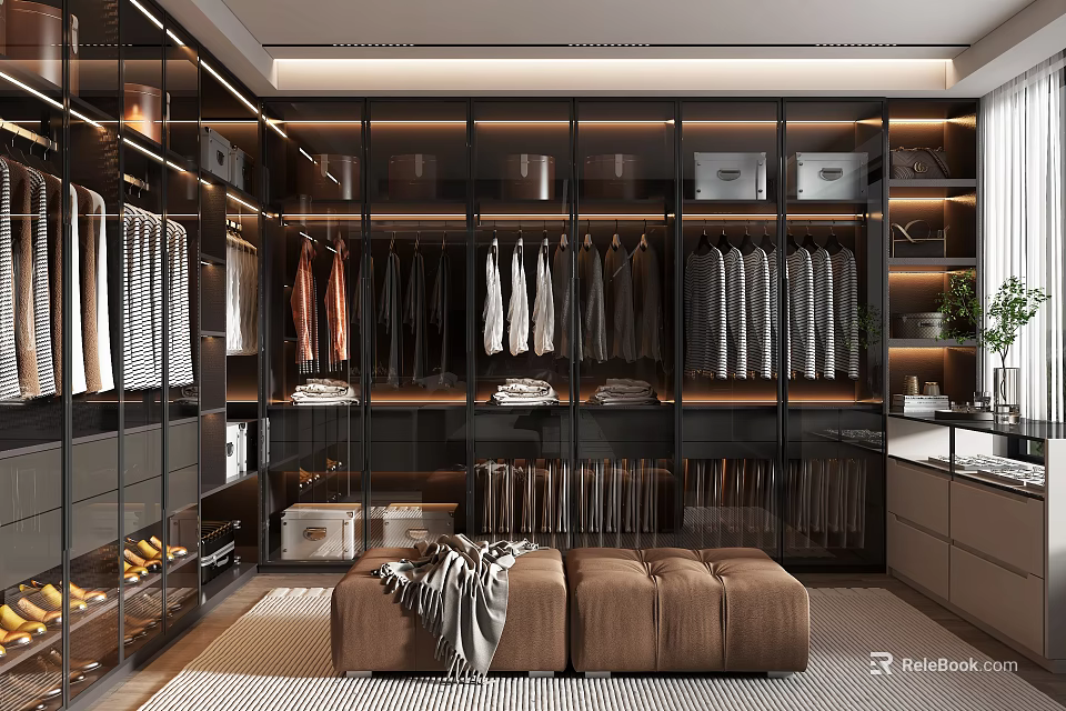 Modern Walk in Closet With Glass Doors Organized Clothing and Cozy Seating 3d model 