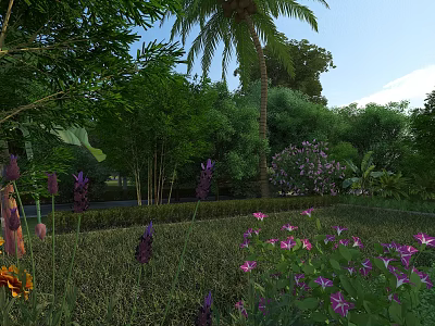 Vibrant Garden Landscape With Lush Green Plants Palm Tree And Colorful Flowers 3d model