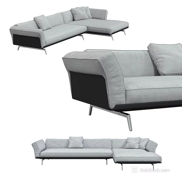 Modern Gray Fabric Sectional Sofa With Metal Legs And Comfortable Cushions 3d model 