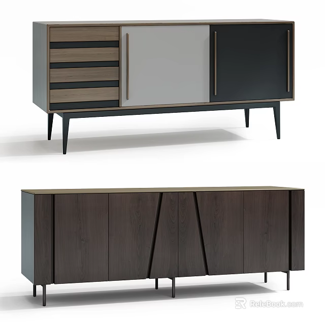Modern Wooden TV Stand With Drawers Cabinet Doors And Metal Legs 3d model 