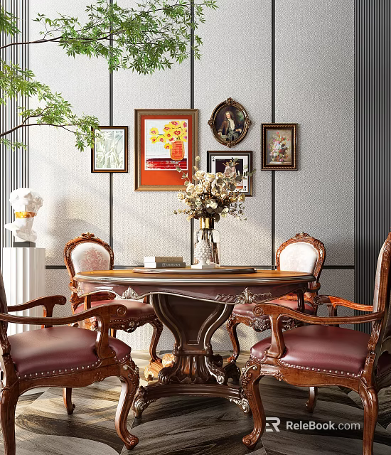 Classic Carved Wooden Dining Table Set with Leather Chairs Wall Art and Floral Vase 3d model 
