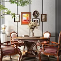 Classic Carved Wooden Dining Table Set with Leather Chairs Wall Art and Floral Vase