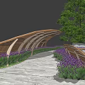 Modern Landscape Bridge With Wooden Mesh Structure Purple Flowers And Large Tree