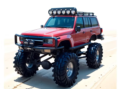 Red Off Road Vehicle with Large Tires and Roof LED Lights on Beach 3d model