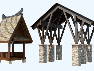 Traditional Pavilion And Modern Roof Structure With Wooden Frames And Stone Pillars 3d model
