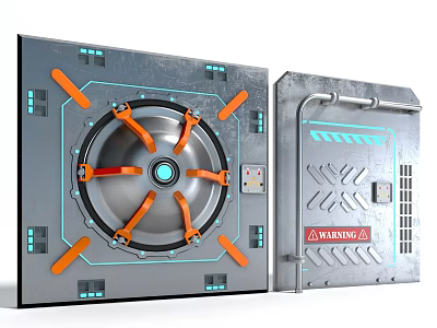 Heavy Duty Metal Circular Hatch Door With Orange Fasteners Warning Label And Controls 3d model