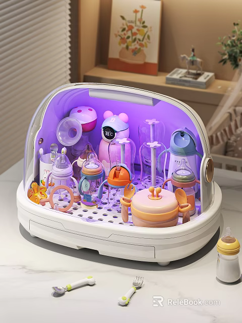White Baby Essentials Sterilizer Case With Multi Colored Bottles And Purple Light 3d model 