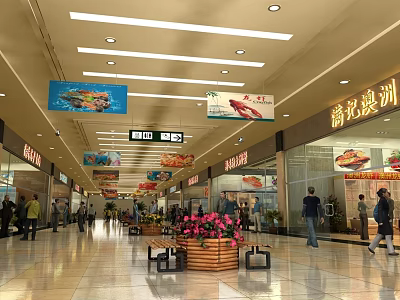 Bright Department Store Interior With Spacious Aisles Advertising Banners Shoppers Flower Bed Benches Signage 3d model