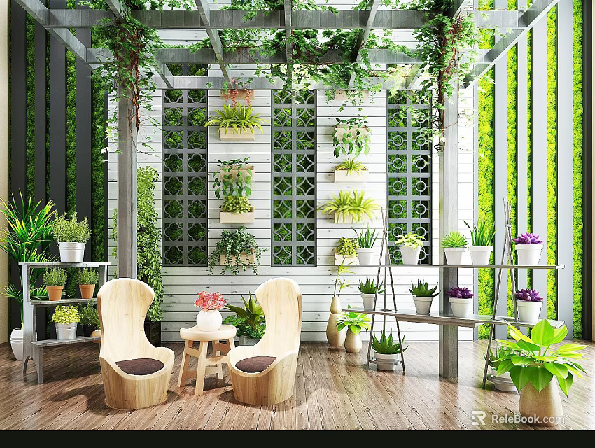 Bonsai Potted Plants Indoor Display With Shelves Greenery And Wooden Furniture 3d model 