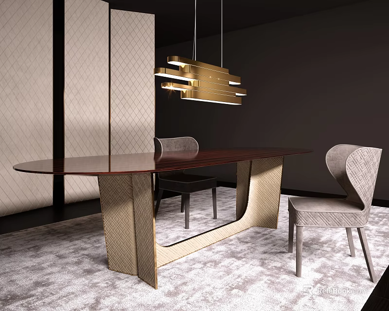Modern Dining Table Set With Dark Wood Top Metallic Base And Upholstered Chairs 3d model 