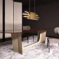 Modern Dining Table Set With Dark Wood Top Metallic Base And Upholstered Chairs