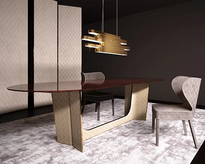 Modern Dining Table Set With Dark Wood Top Metallic Base And Upholstered Chairs 3d model
