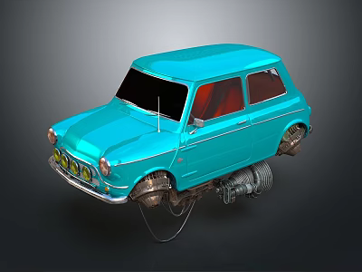 Blue Floating Car With Red Interior And Mechanical Parts Underneath 3d model