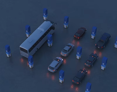 Cars and Bus Parked in Parking Lot with Blue Pillars and Red Lights 3d model