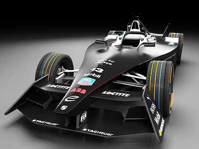 Black Open Wheel Race Car Featuring Sleek Design And Sponsor Logos 3d model