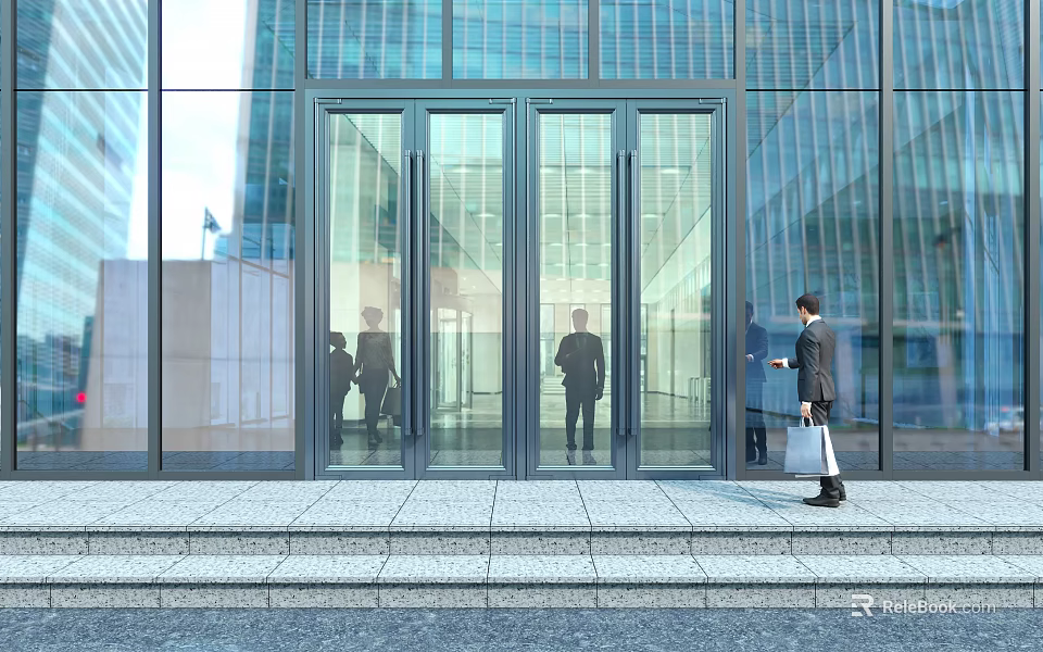 Glass Entrance Doors Of Modern Office Building With Business People 3d model 