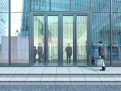Glass Entrance Doors Of Modern Office Building With Business People 3d model