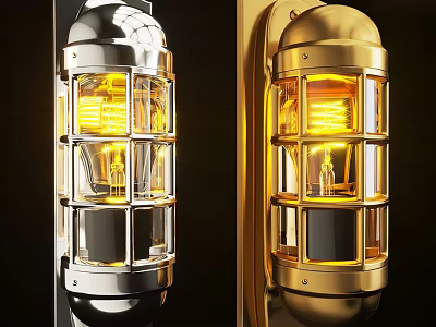 Vintage Silver And Gold Metal Wall Lights With Glass Shades And Illuminated Bulbs 3d model