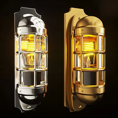Vintage Silver And Gold Metal Wall Lights With Glass Shades And Illuminated Bulbs 3d model