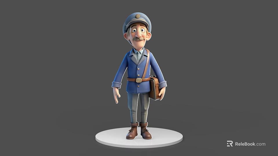 Cartoon Postman Game Character 3D Model In Blue Uniform With Brown Mailbag 3d model 